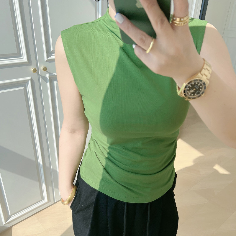 气质小高领收腰无袖背心打底衫大码女装200斤胖mm法式设计感上衣
