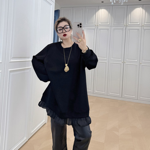 大码女装胖mm拼接欧根纱休闲卫衣