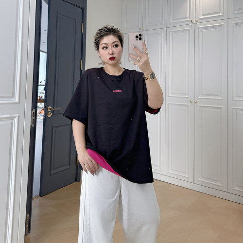 大码女装胖mm重工烫钻宽松T恤