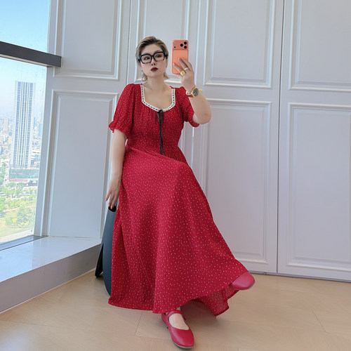 大码女装胖mm法式复古波点连衣裙