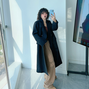 秋冬大码女装呢子韩系大衣外套200斤胖MM中长款翻领气质毛呢风衣