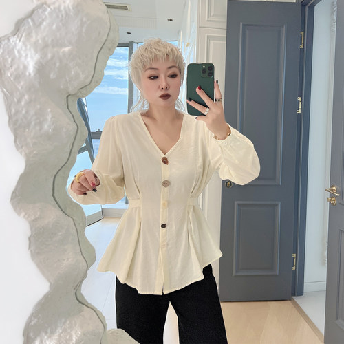 大码女装胖mm减龄法式漂亮衬衫