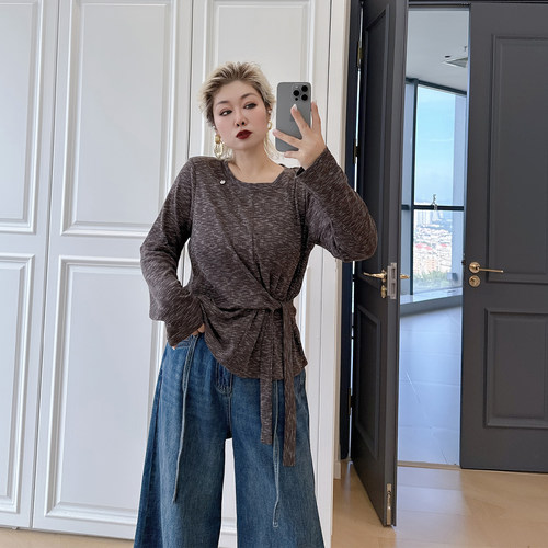 大码女装胖mm设计感系带t恤