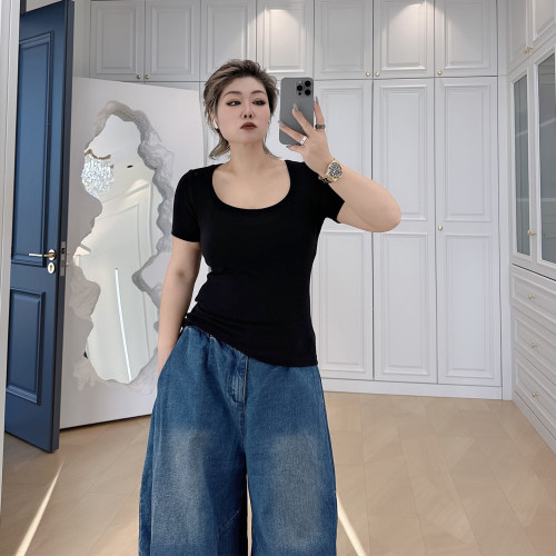 大码女装胖mm休闲弹力修身短袖