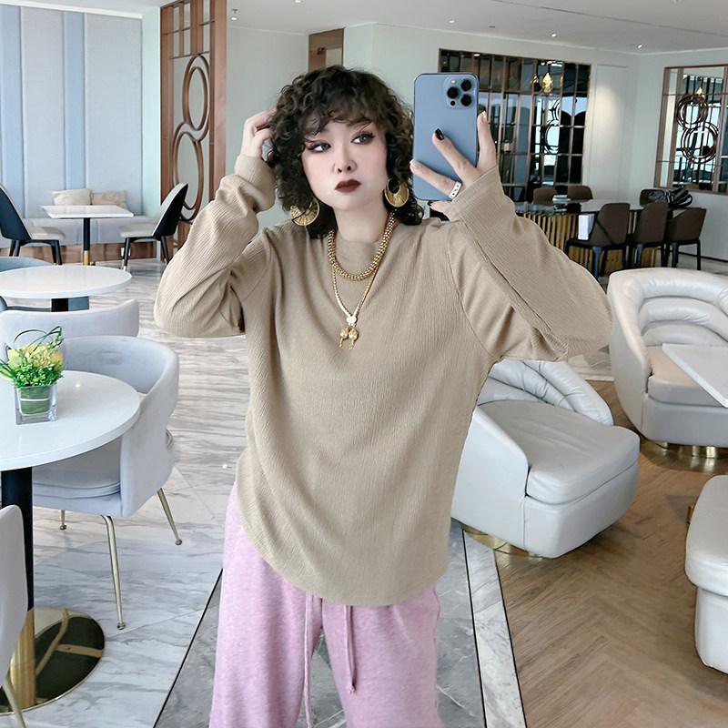 솔리드 컬러 가을 새로운 긴팔 바닥 셔츠 플러스 사이즈 여성 200 CATTIES 뚱뚱한 소녀 다목적 탑 질감 내부 티셔츠