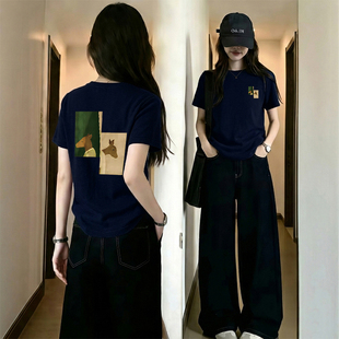 韩版 T恤女夏季 2026新款 宽松减龄百搭上衣服 卡通印花正肩圆领短袖