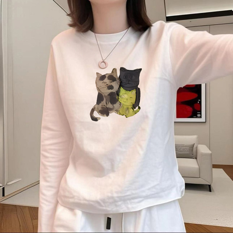 韩系卡通猫咪印花长袖T恤女春季小个子宽松休闲百搭正肩内搭上衣,女装/女士精品,T恤,淘宝优惠券,粉丝福利购,淘宝优惠卷