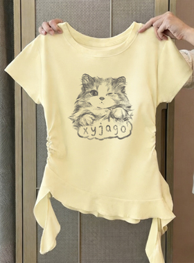 多巴胺黄色卡通猫咪印花短袖T恤女夏季圆领褶皱不规则荷叶边上衣