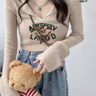 长袖 超火短款 潮流v领燕麦色修身 女生2025秋冬新款 上衣 针织打底衫