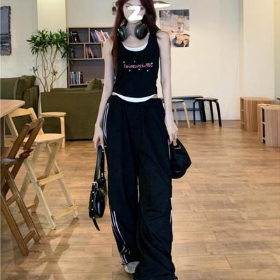 美式复古高街背心吊带外穿无袖t恤女运动甜辣黑白撞色假两件上衣