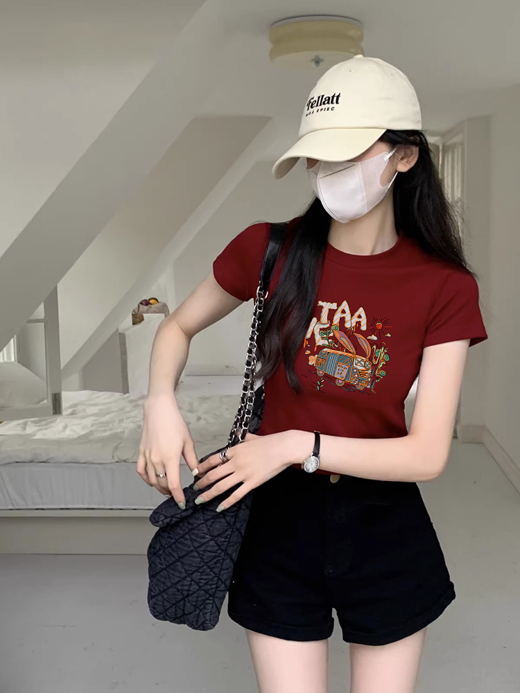 正肩短款修身纯棉短袖女夏季潮流