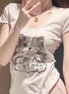纯欲风可爱小猫印花竹节棉t恤女