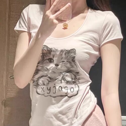 纯欲风可爱小猫印花竹节棉t恤女