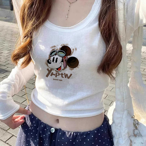 超火ins卡通印花U领长袖t恤女款