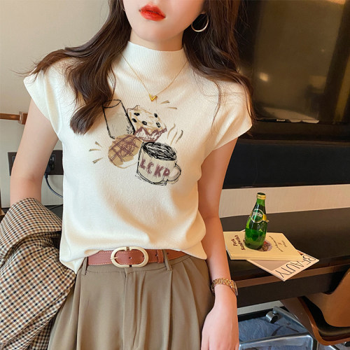 夏季半高领针织修身短袖T恤女