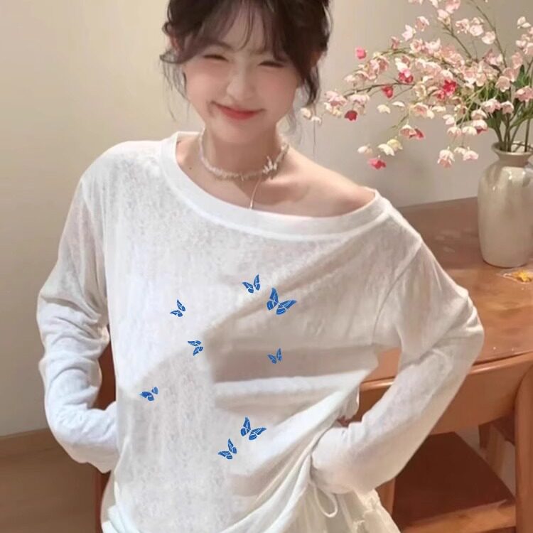 韩系chic小众蝴蝶印花t恤女夏季薄款宽松慵懒风露肩上衣防晒罩衫