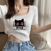 辣妹短款 方领正肩短袖 独特别致印花针织小衫 夏季 冰丝上衣 t恤女装