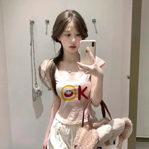 U领小众印花修身竹节棉短袖t恤女