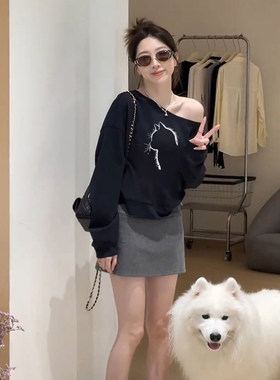 美式复古猫咪印花斜肩卫衣女