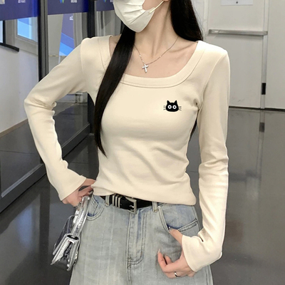 杏色U领短款长袖打底衫女秋季