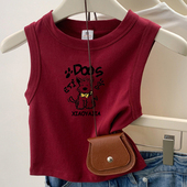卡通印花无袖 短款 高腰工字背心吊带甜辣上衣女夏季 t恤小个子外穿
