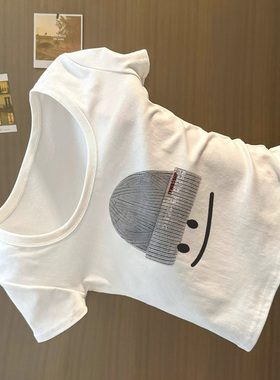 白色正肩U领短袖T恤女夏季辣妹修身收腰百搭显瘦卡通印花短款上衣