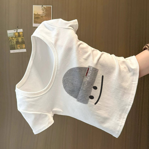 白色正肩U领短袖T恤女夏季辣妹