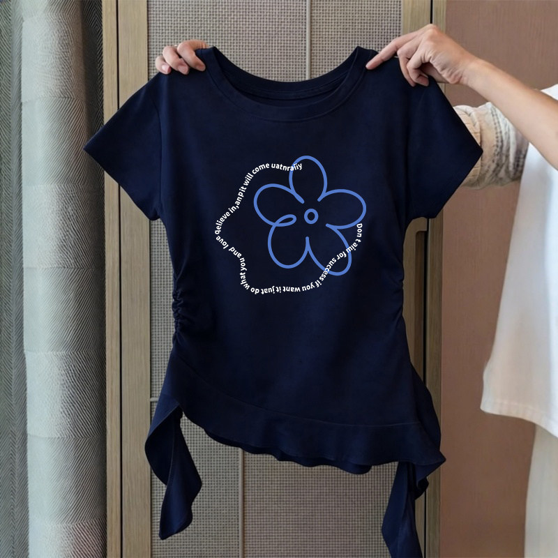 藏青色不规则荷叶边短袖T恤女夏季修身显瘦收腰小众独特漂亮上衣