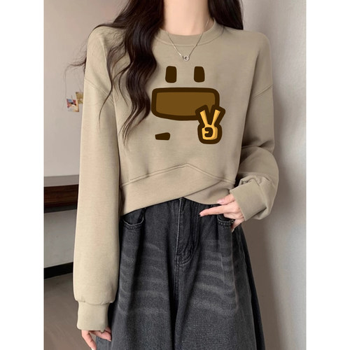 卡其色圆领宽松短款卫衣女生秋冬