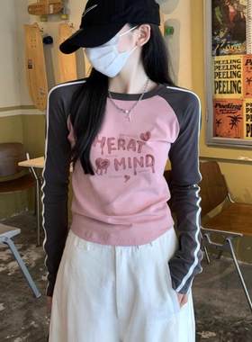 小众流行拼色短款长袖t恤女秋冬