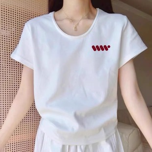 白色正肩短袖 上衣ins潮牌 t恤女夏季 简约印花圆领宽松休闲百搭半袖