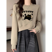 高腰显瘦套头卫衣女秋冬无帽小个子时尚 洋气印花加绒加厚短款 上衣