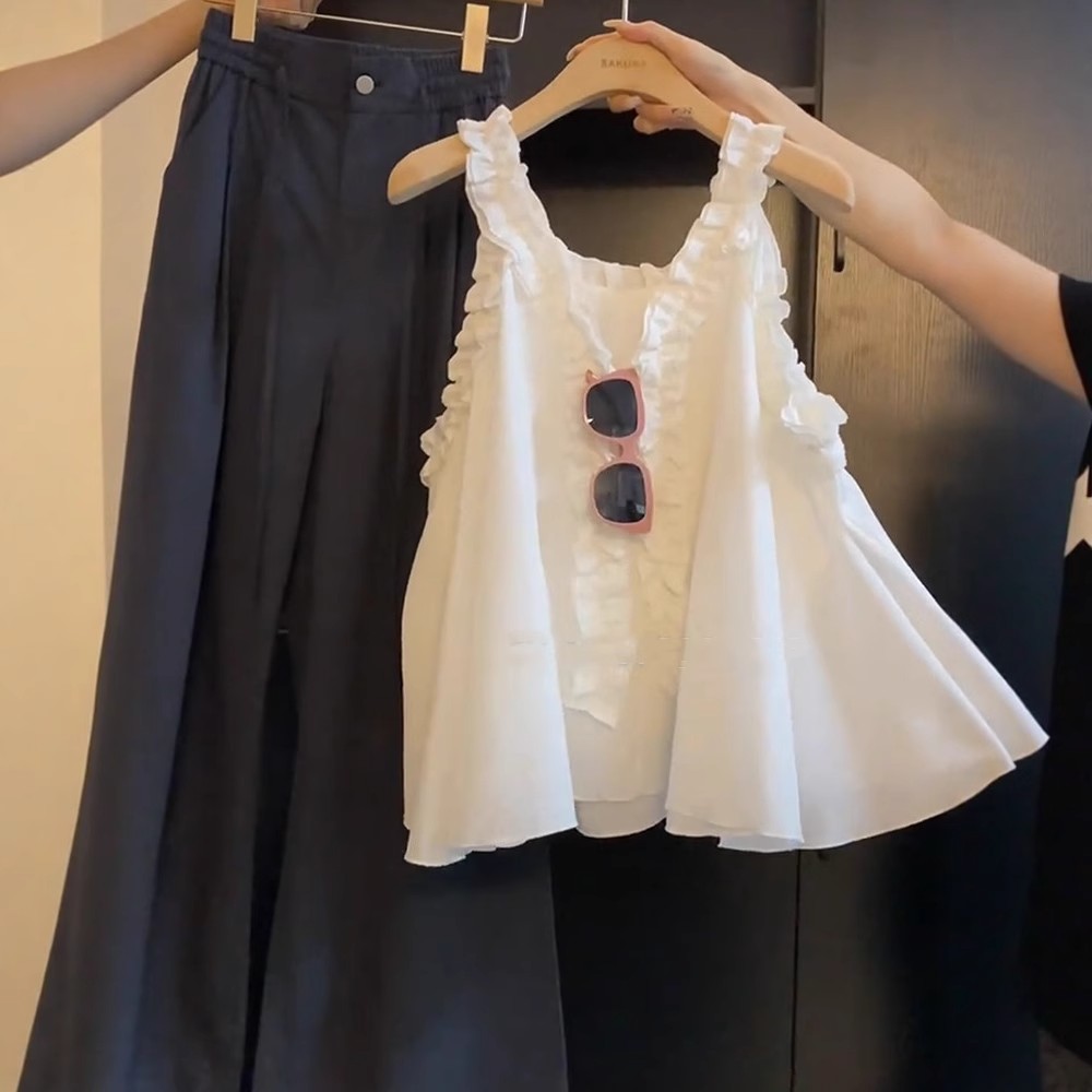 法式木耳拼接花边V领背心吊带裙