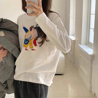 美式复古纯棉卡通印花长袖T恤女