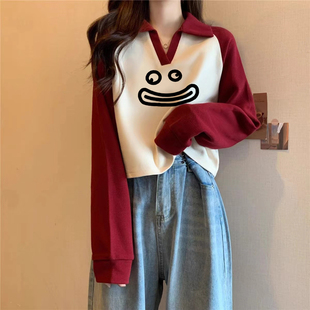 秋冬加绒加厚polo翻领短款卫衣女小个子宽松慵懒风显瘦插肩袖上衣