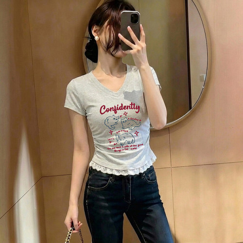 甜美卡通猫咪印花正肩V领短袖T恤