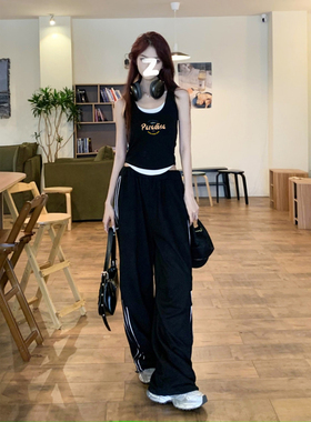 美式字母印花吊带背心女生夏季别致假两件修身显瘦短款t恤上衣ins