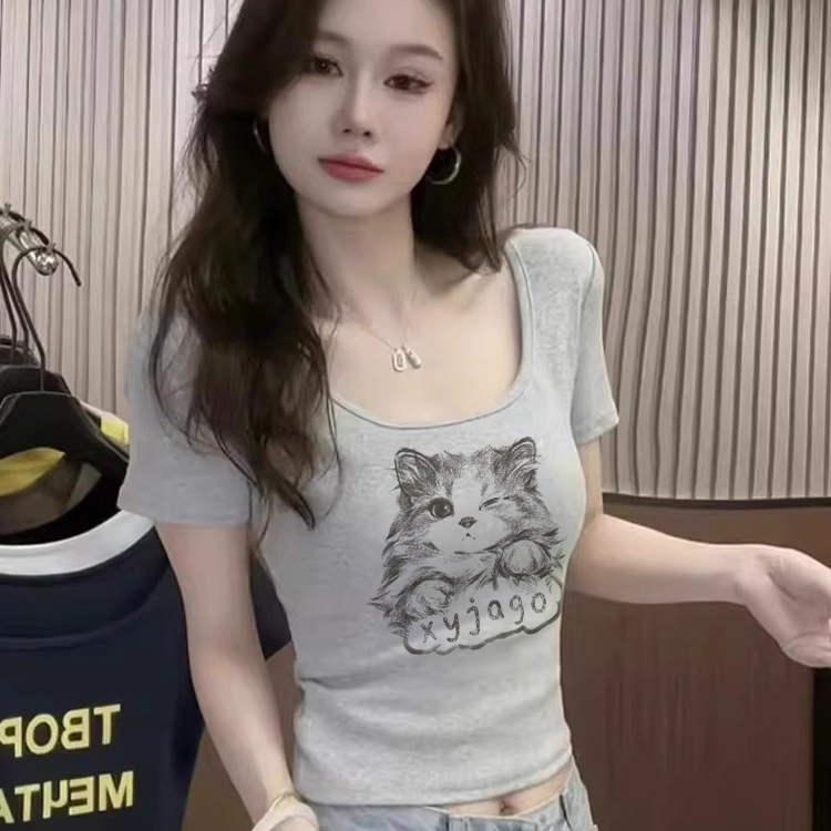 短袖t恤女夏季小猫印花方领韩系