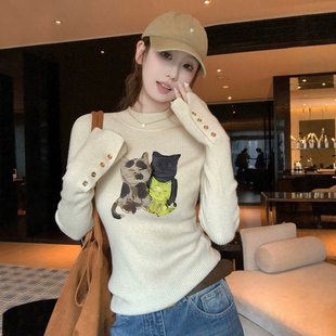 女秋冬德绒保暖内搭纽扣打底上衣 打底衫 燕麦色半高领修身 针织长袖