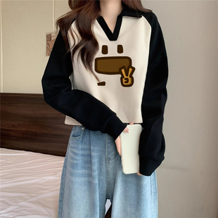 时髦宽松短款卫衣藏青色显白polo领插肩长袖上衣女款2025秋冬新款