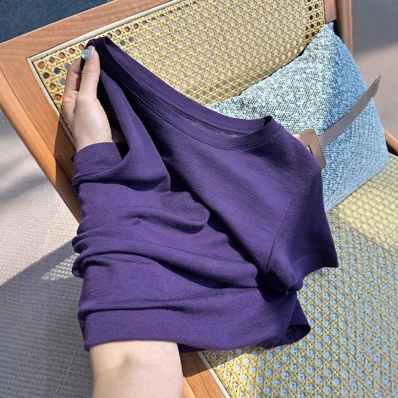 气质简约紫色圆领短袖上衣女t夏