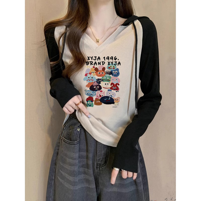 修身短款长袖t恤上衣女生秋冬时尚潮流v领正肩连帽插肩内搭打底衫