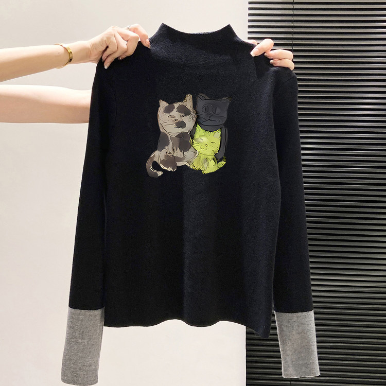 假两件撞色半高领长袖针织衫女