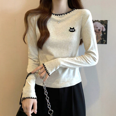 美式正肩圆领长袖t恤女上衣设计