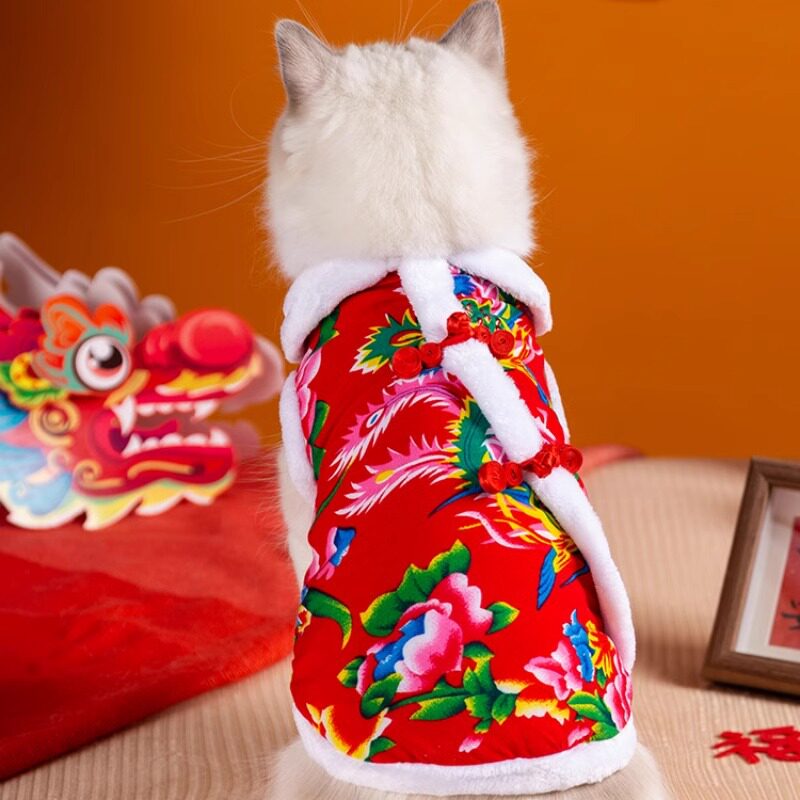 猫咪衣服秋冬季东北大花袄冬装保暖宠物蓝猫布偶小猫狗狗新年马甲