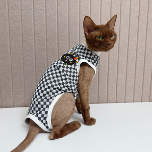 咔啦咪斯芬克斯德文猫宠物衣服夏季包边弹力四脚黑白格短袖矮脚