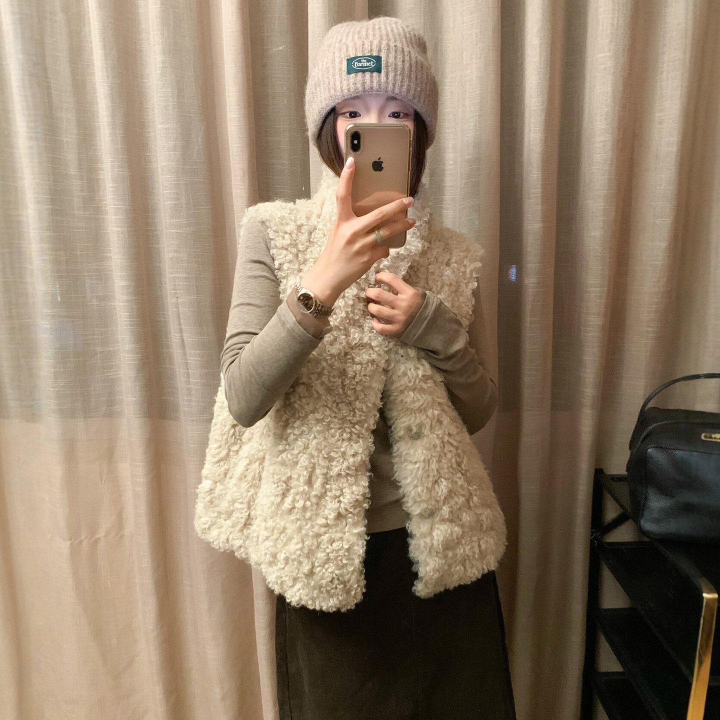 复古立领羊羔毛马甲外套女欧洲站