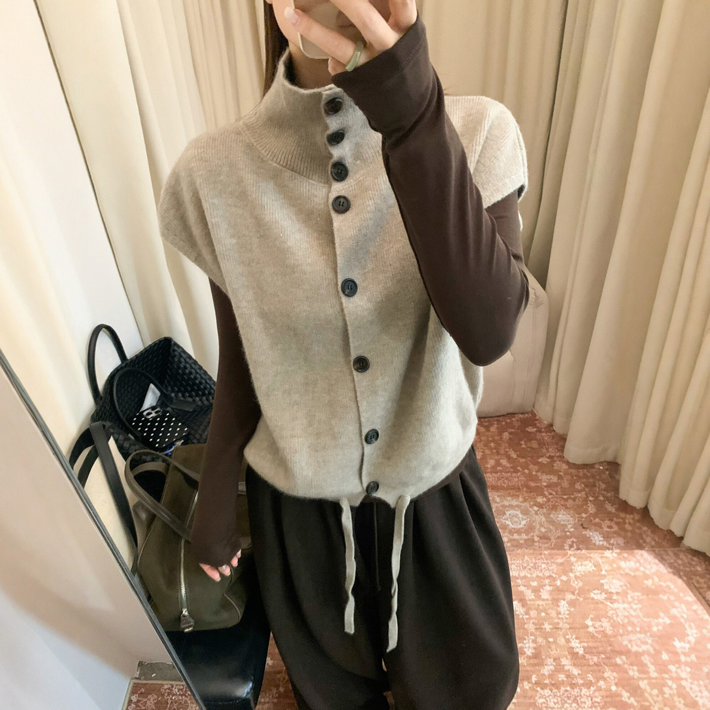 假两件高领羊毛针织开衫女欧洲站