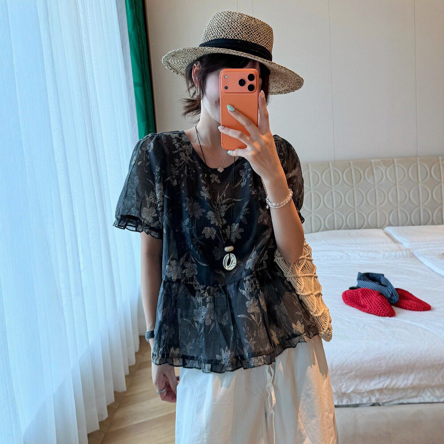 复古碎花泡泡袖真丝衬衫女欧洲站