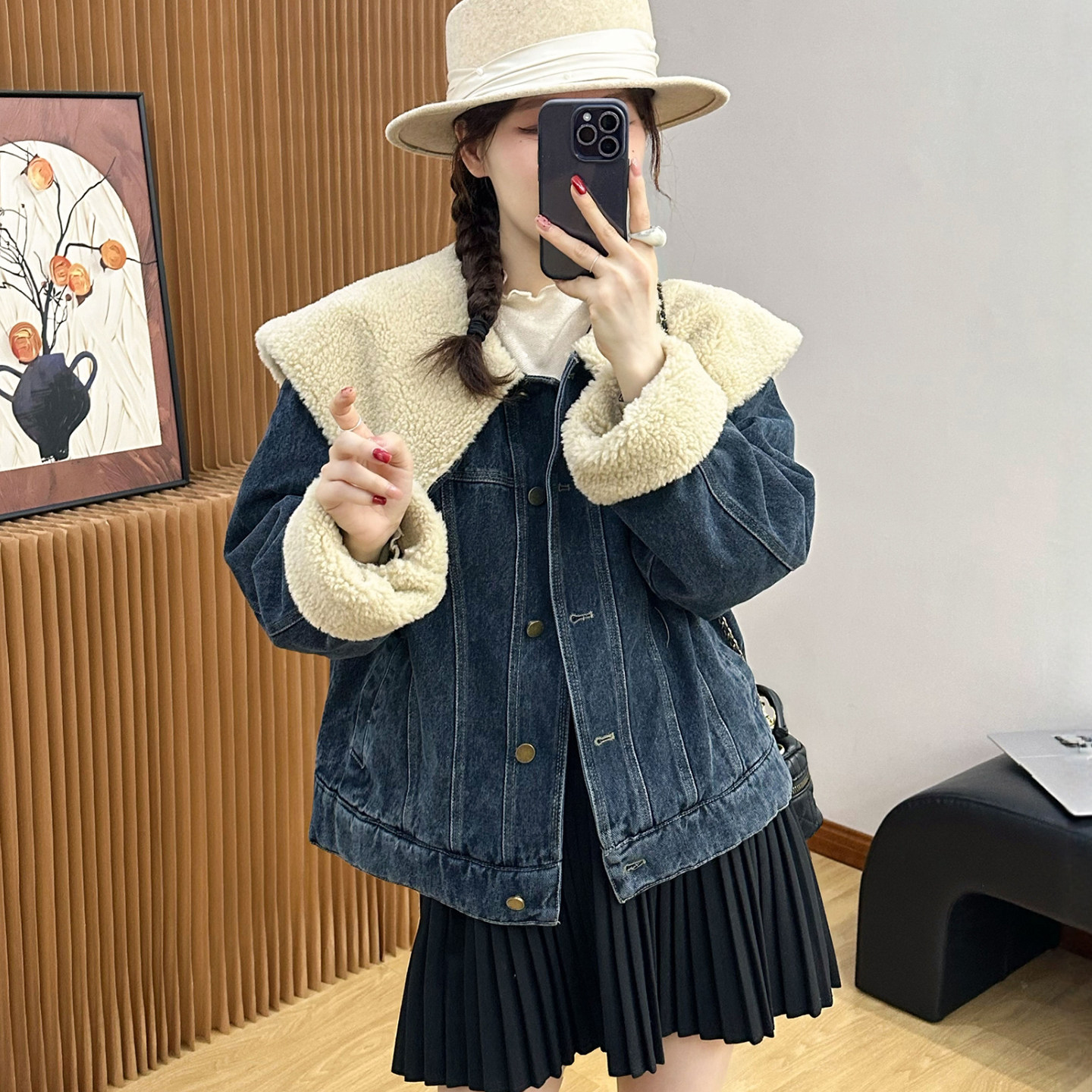 娃娃领羊羔毛牛仔外套女欧洲站2025冬装新款欧货女装加厚羊羔服潮